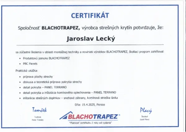 Certifikát výrobcu strešných krytín BLACHOTRAPEZ o školení montážnej techniky – Jaroslav Lecký