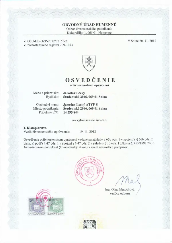 Osvedčenie o živnostenskom oprávnení na klampiarstvo – Jaroslav Lecký ATYP S