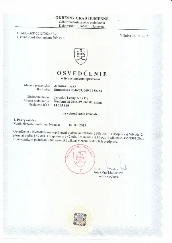 Osvedčenie o živnostenskom oprávnení na pokrývačstvo – Jaroslav Lecký ATYP S