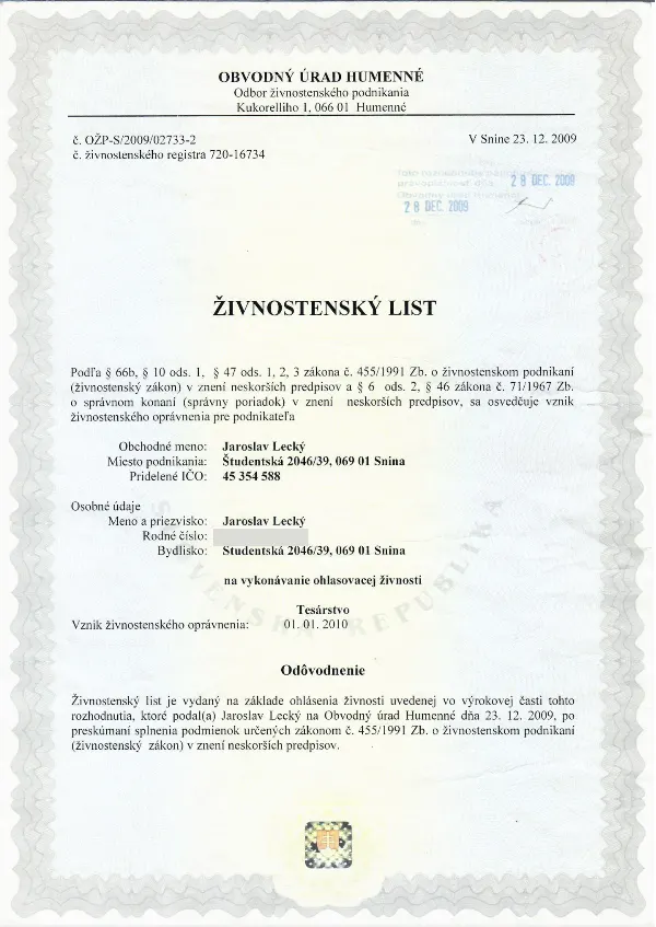 Živnostenský list na tesárstvo – Jaroslav Lecký, Obvodný úrad Humenné